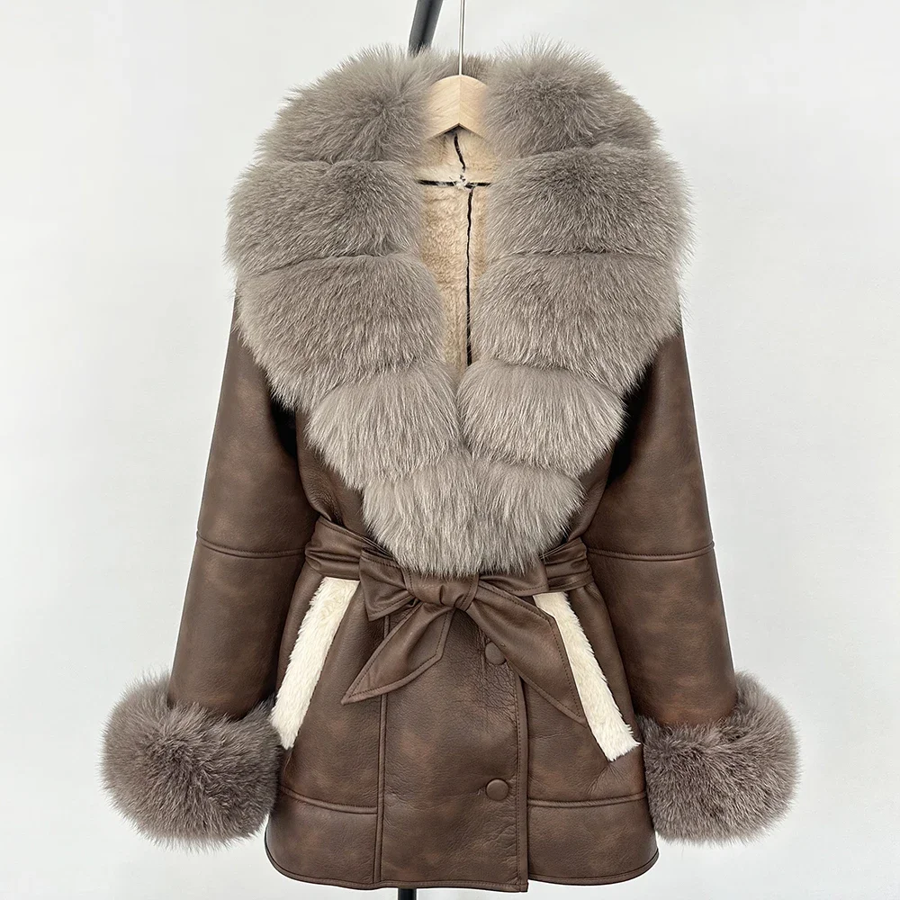 Frauen Lamm Pelzmantel Echt Fox Pelz Jacke 2025, Große Pelzmantel Faux Leder Mantel Herbst Winter Damen Mode Warme Outwear Tops