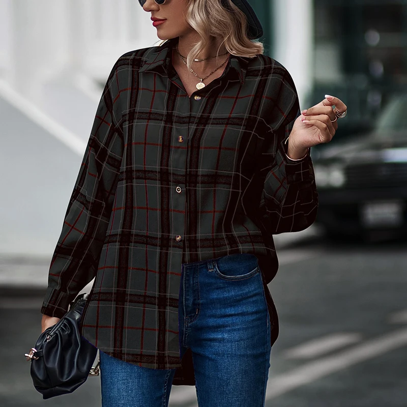 New Autumn Long Sleeve Tops Button V Neck Soft and Comfortable Blouse Plaid Print Shirt Loungewear Blouse Woman Clothing T-shirt