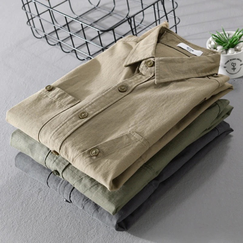 2024 Spring Autumn New Cargo Casual Pure Cotton Long Sleeve Shirts for Men Clothing Solid Color Simple Soft Streetwear FY9776