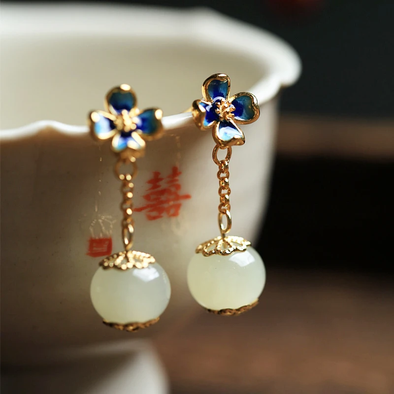 Natural Hotan Jade enamel flowers earrings for women high-level Luxury exquisite long chain Eardrops Engagement jewelry