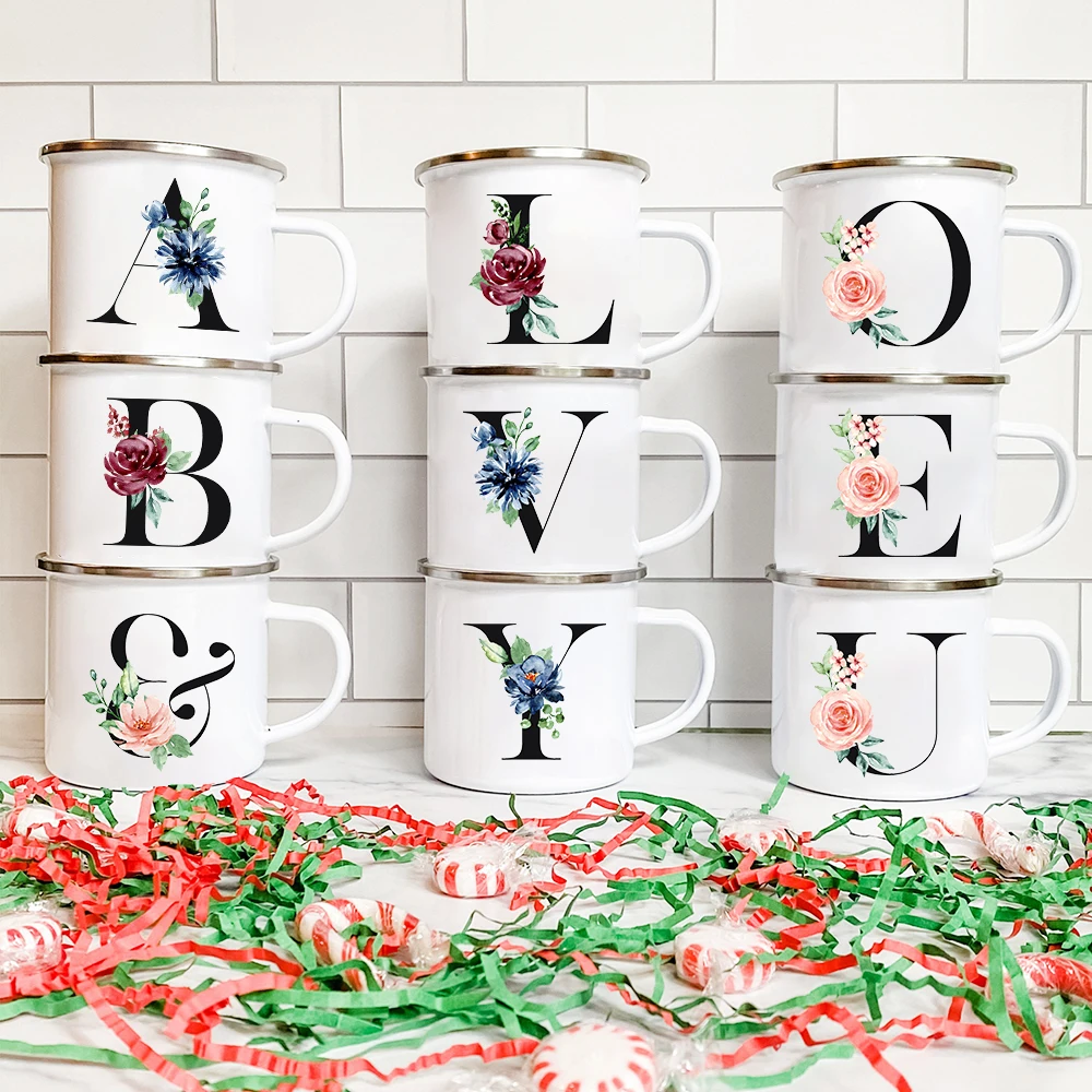 Alphabet Flowers A B C Enamel Coffee Tea Mugs Home Party Wine Beer Drink Juice Cola Cups Creative Kitchen Drinkware Holiday Gift