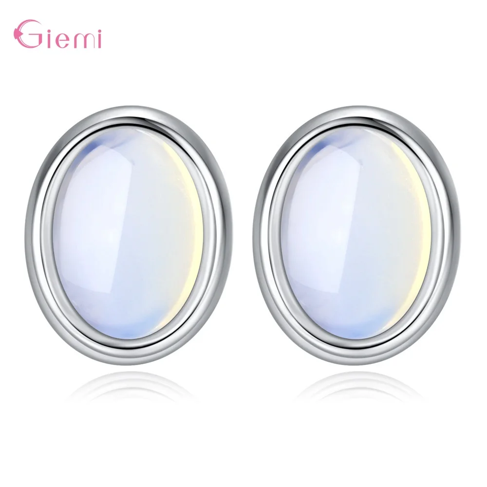 

Vintage 925 Sterling Silver Moonstone Earring Stud For Women Girl Jewelry Opal Stone Egg Shape Charm Earrings Stud