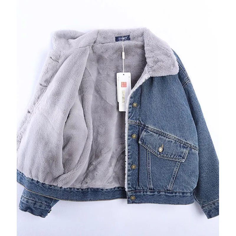 Autumn Winter New Short Denim Velvet Jacket Women's Korean version Fashion Loose Slimming Versatile Thicken Warm Cotton Jackets