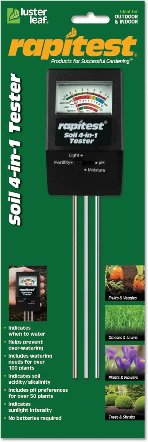 4-in-1 Soil pH/Moisture/Fertility/Light Tester for Healthy Plants, No Batteries Needed