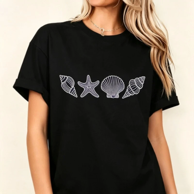 Beach Lover Women Cotton Tshirt Simple Line Drawing Seashell Starfish Conch Print Coastal Nautical Summer Casual  Sleeve Tees