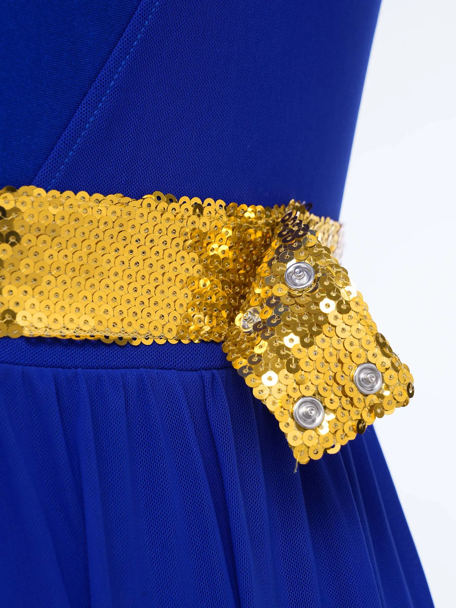 

Women Lyrical Dance Dress Sequin Sleeveless Metallic Shiny Patchwork Irregular Mesh Built-in Shorts Liturgical Worship Dancewear