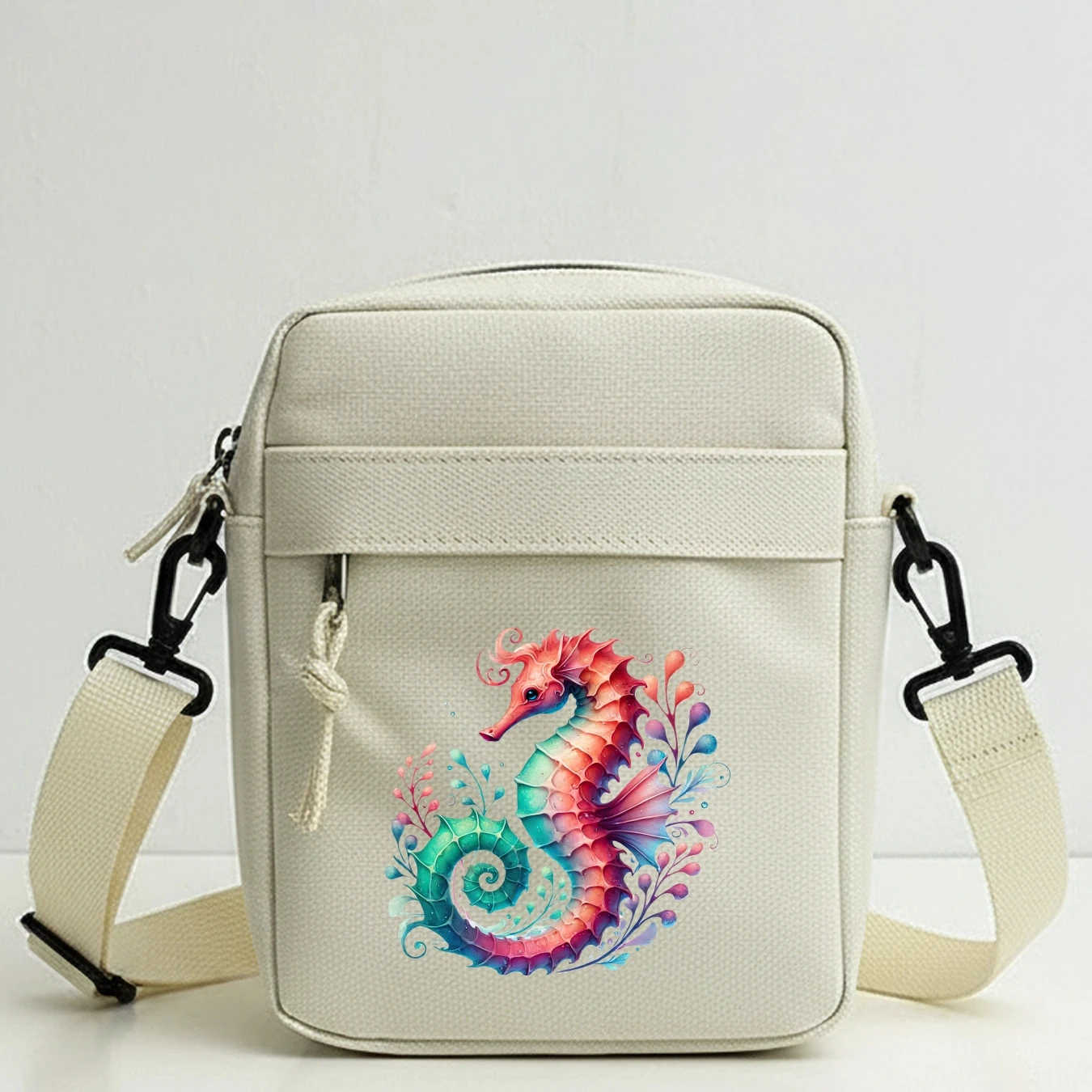 Seahorse Watercolor Crossbody Shoulder Bag, Fashionable Removable Strap Purse, Zipper Closure, Travel, Daily Use, Gift