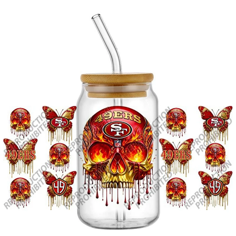 Hotsale Popular Football Team Skull Butterfly 16oz UV DTF 3D Transfer Sticker Decals For Glass Can Cup Craft DIY Creative