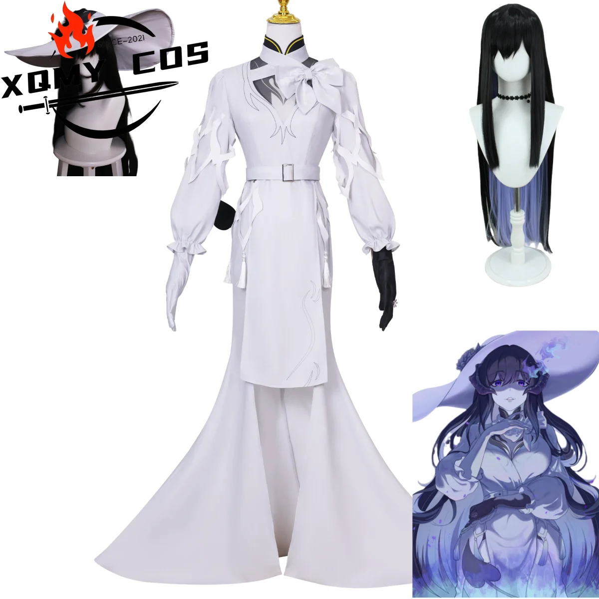 

XqGame Constance Honkai: Star Rail Cosplay Costume The Dahlia Ever-flame Mansion Member White Dress Hat Wig Woman Sexy Party Sui