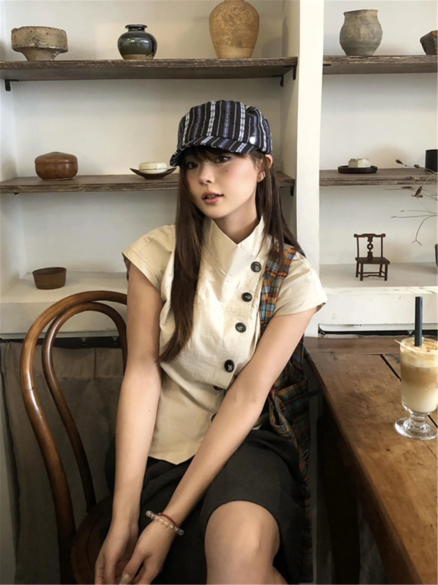 

American Style Retro Stand Collar Short Sleeve T-Shirt Women's Summer Slimming Design Versatile Short Length Top for Ladies
