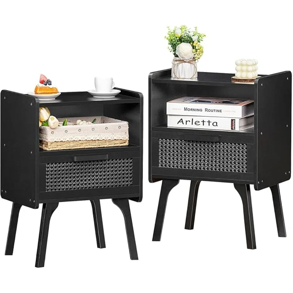 

Rattan Nightstands Set of 2, Boho Side Table with Drawer Open Shelf, Cane Accent Bedside End Table with Solid Wood Legs for Bedr