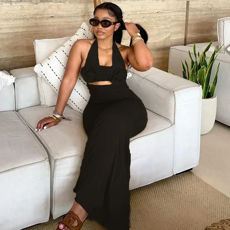 Womens Dresses 2025 Spring Three Dimensional Floral Decor Hanging Neck Sleeveless Casual High Waist Hollow Ruched Long Dress