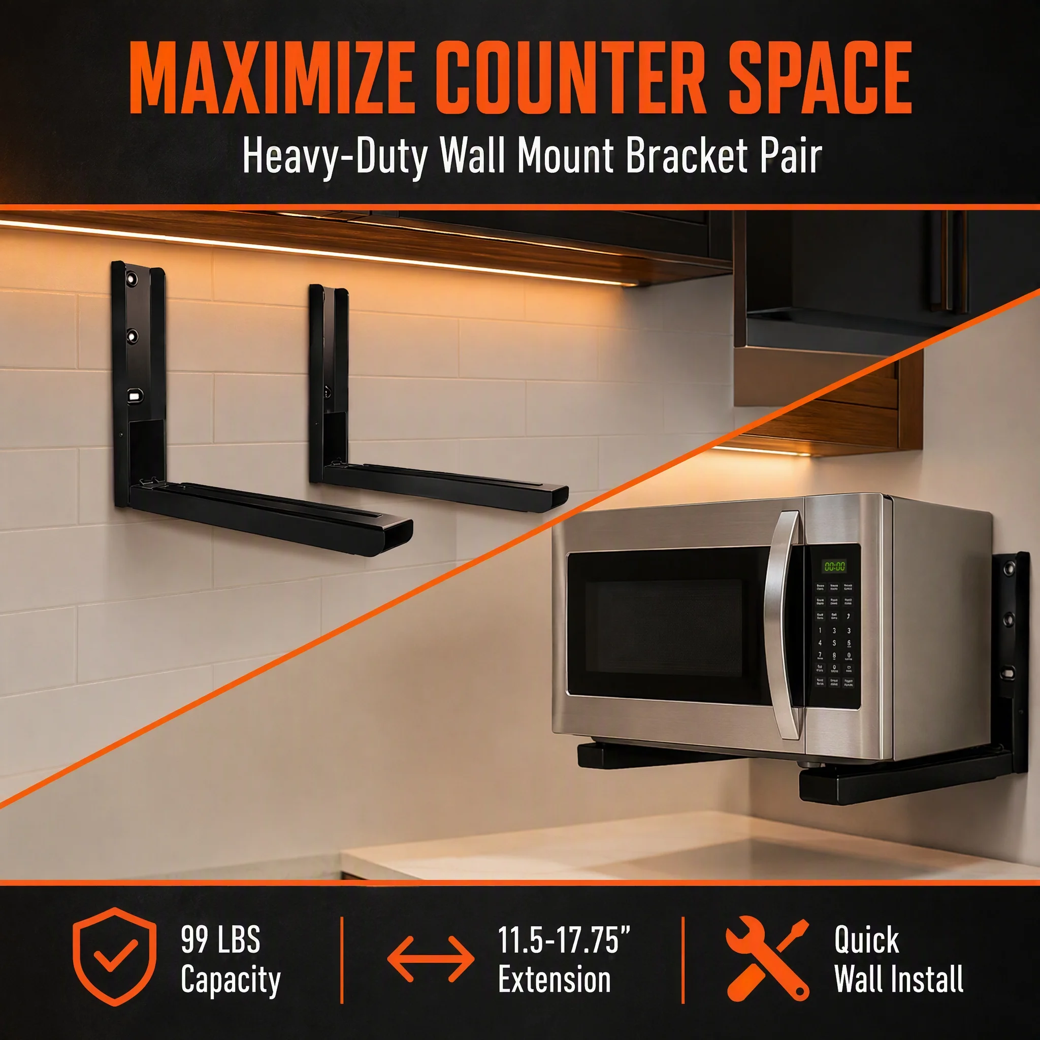 Universal Wall Mounted Microwave Bracket Black EM60B-A, Heavy Duty Microwave Wall Holder Supports up to 99 lbs, Adjustable Depth 11.5-17.75in, Fits Standard Microwave Toaster Oven Soundbar, Wall Mount on Wood Stud & Concrete Wall