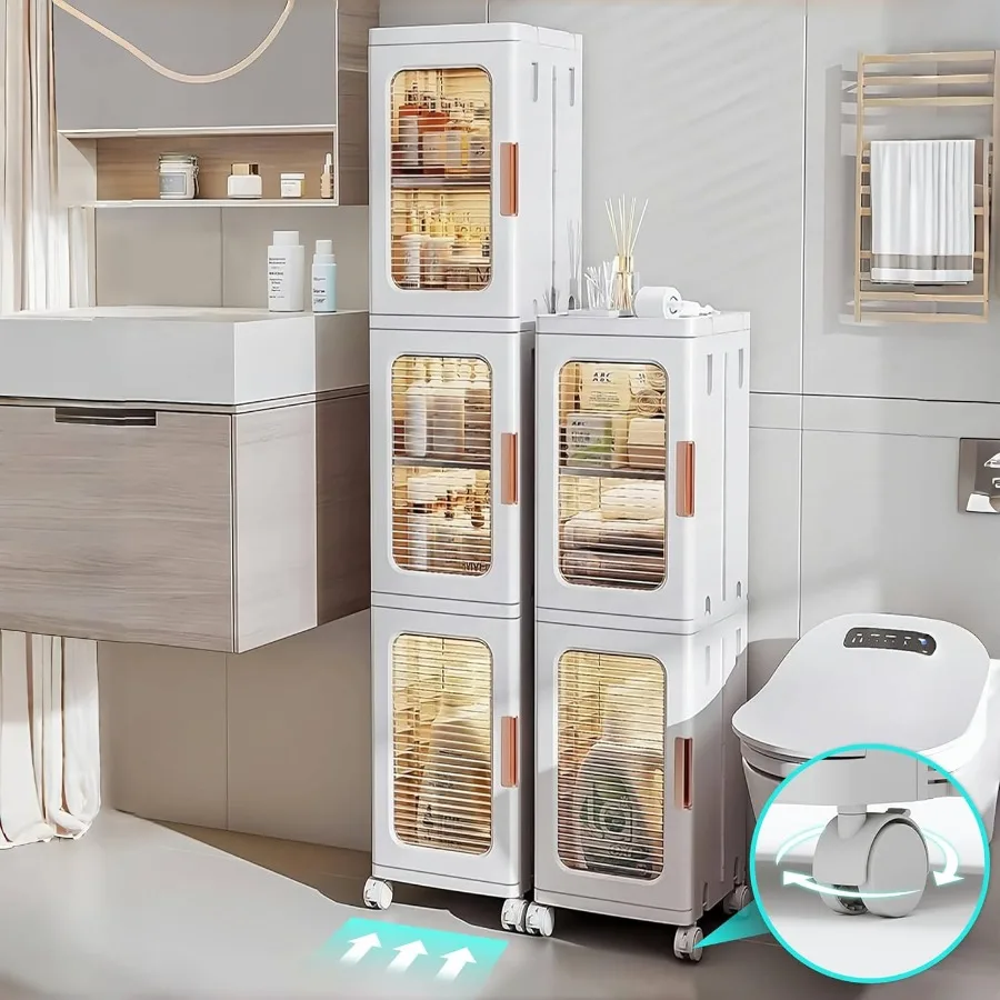 

3Tiers Slim Bathroom Storage Cabinet Plastic Narrow Storage Organizer with Doors and Shelves Movable Waterproof Bathroom Floor
