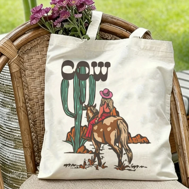 1PC Vintage Western Cowgirl Canvas Tote Bag Cactus Horse Print Shoulder Bag Eco-friendly Reusable Shopping Bag