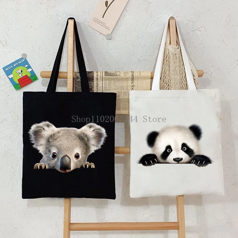 Kawaii Cartoon Koala Panda Pattern Canvas Shoulder Bag Women Cute Animals Lover Tote Bags Cartoon Style Student Women Handbag