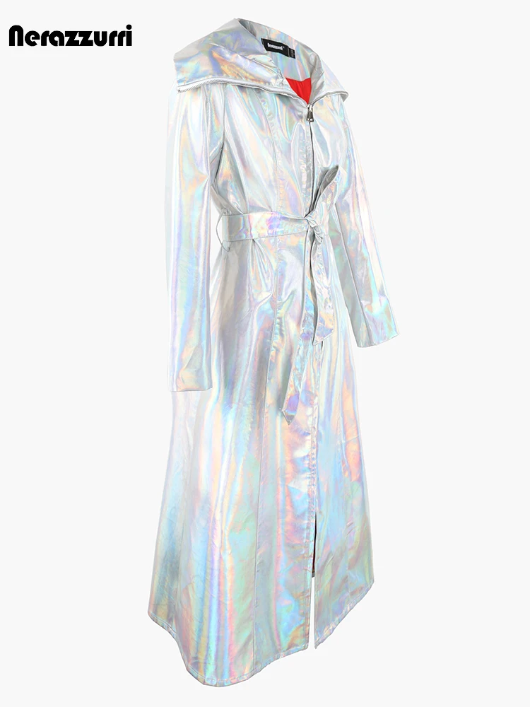 Nerazzurri Autumn Extra Long Windproof Waterproof Shiny Reflective Silver Holographic Patent Faux Leather Coat Women with Hood