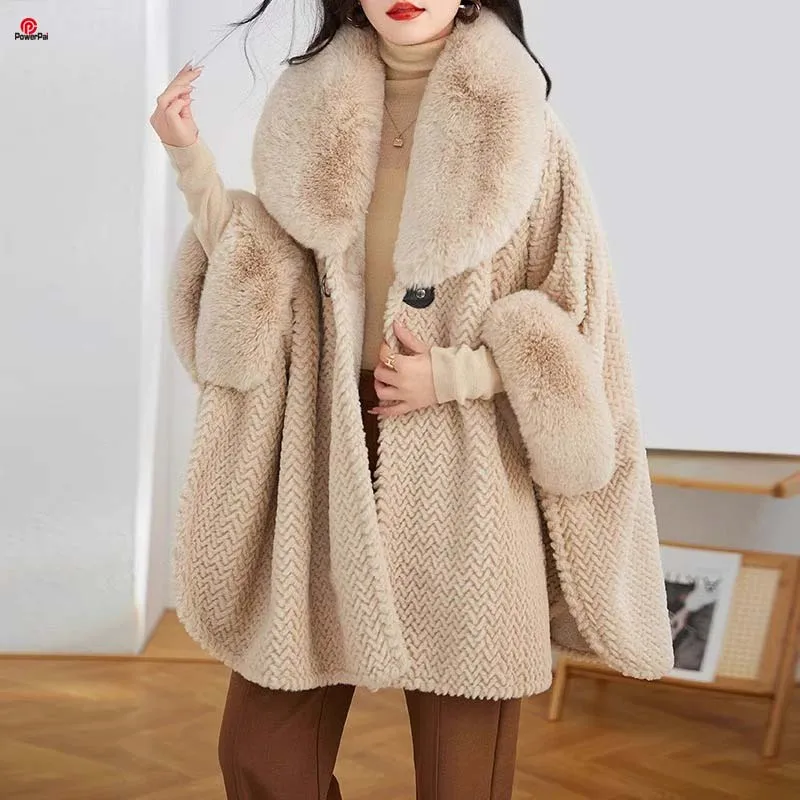 Fashion Wide V Lapel Faux Fur Coat Cape Pure Color Wavy Stripes Soft Warm Outerwear Women Winter Loose Cloak Mid-Long