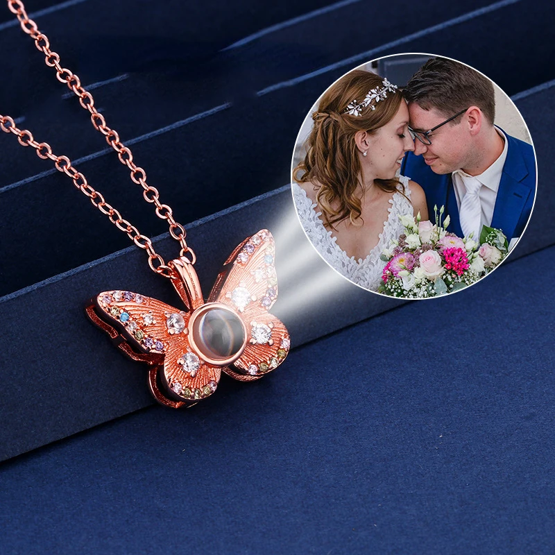 

Custom Photo Projection Necklace Butterfly Pendant Colorful Zircon Clavicle Chain Jewelry Picture Inside Women Valentine's Day