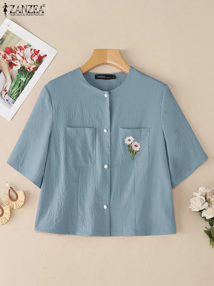 

ZANZEA 2025 Summer Women Shirts Elegant Floral Embroidery Tops Fashion Button Up OL Blouse Pockets Korean Sweet Casual Blusas