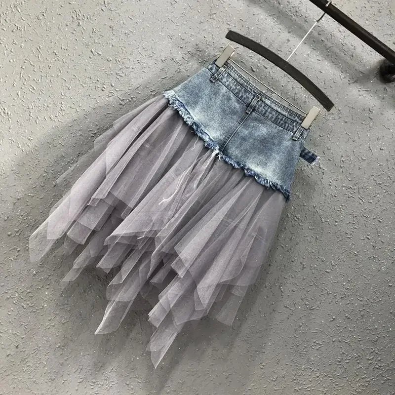 2025 Jesień Nowa Moda Damska Siatka Splicing Denim Spódnice Wysoka Talia A-line Nieregularna Długa Spódnica Moda Damska