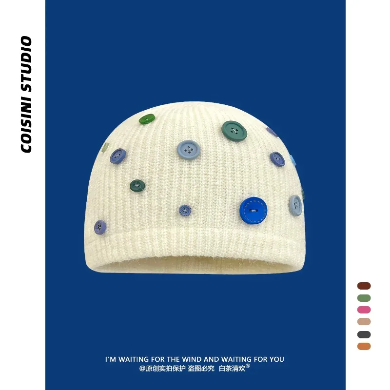 Korean Niche Retro Button Design Knit Beanies for Women  Autumn Winter Warm Windproof Versatile Fashion Skullcap Ladies Cold Cap