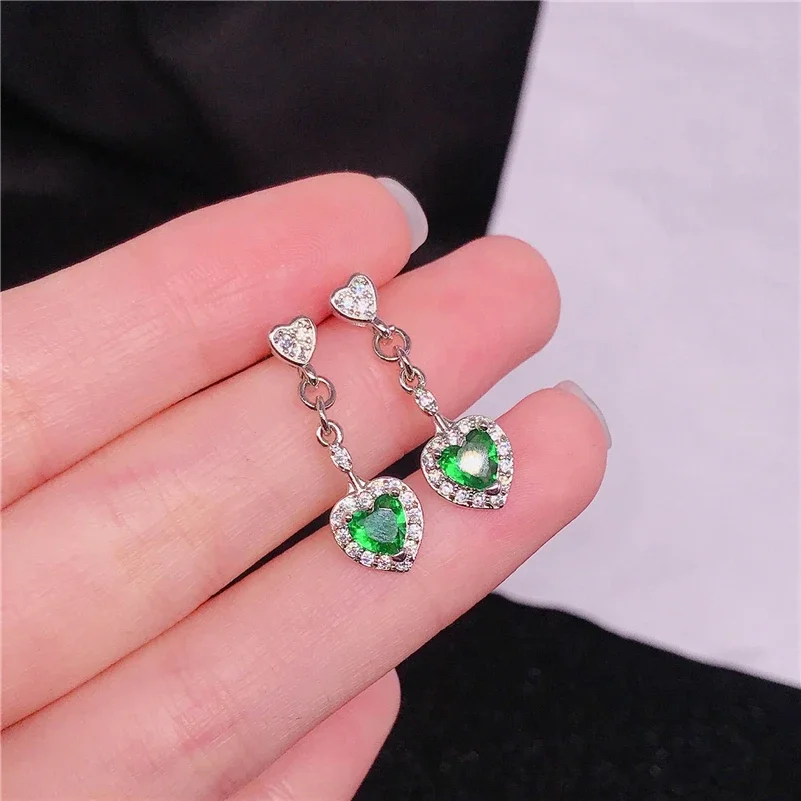 Real 925 Sterling Silver Natural Emerald Drop Earring  Women Aros Mujer Oreja Heart Emerald Gemstone Orecchini Jewelry Earrings