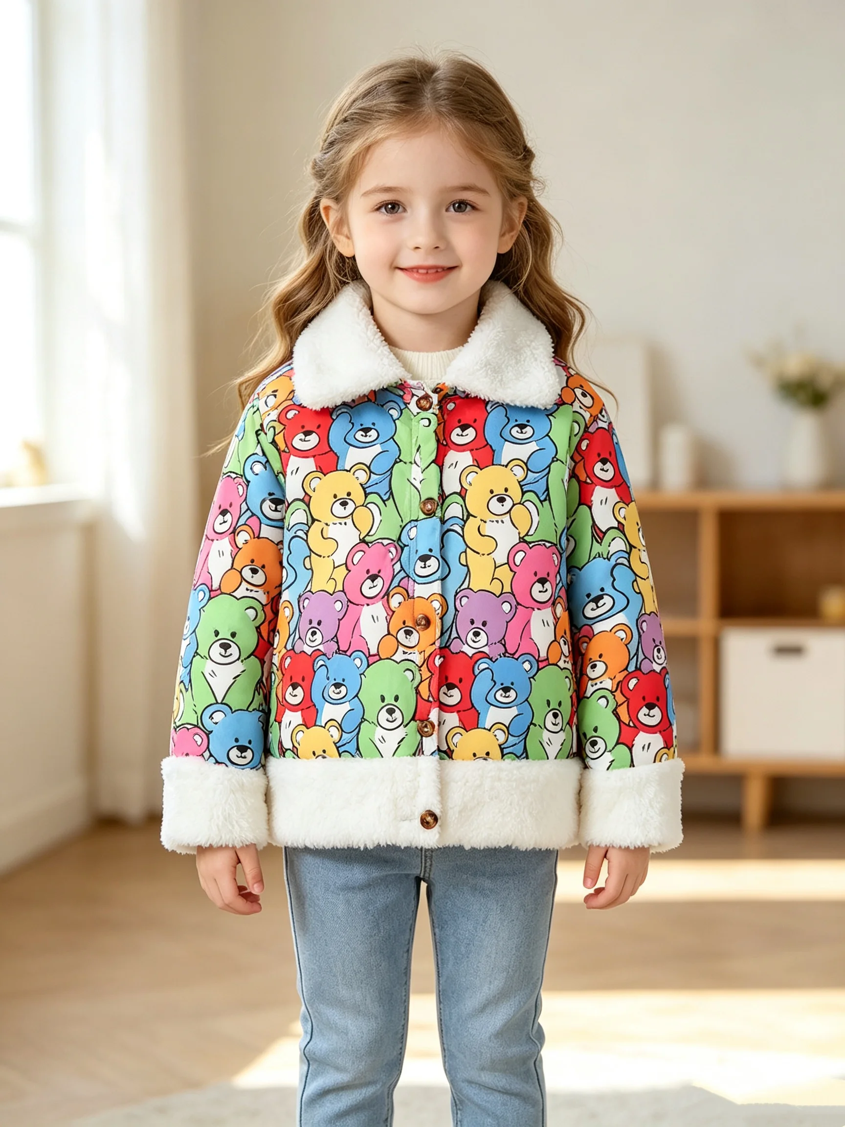 Herbst- und Winterjacke für Mädchen mit buntem Bärenmuster, aus Inca-Samt, mit Kragen und dickem, winddichtem, warmem Futter.