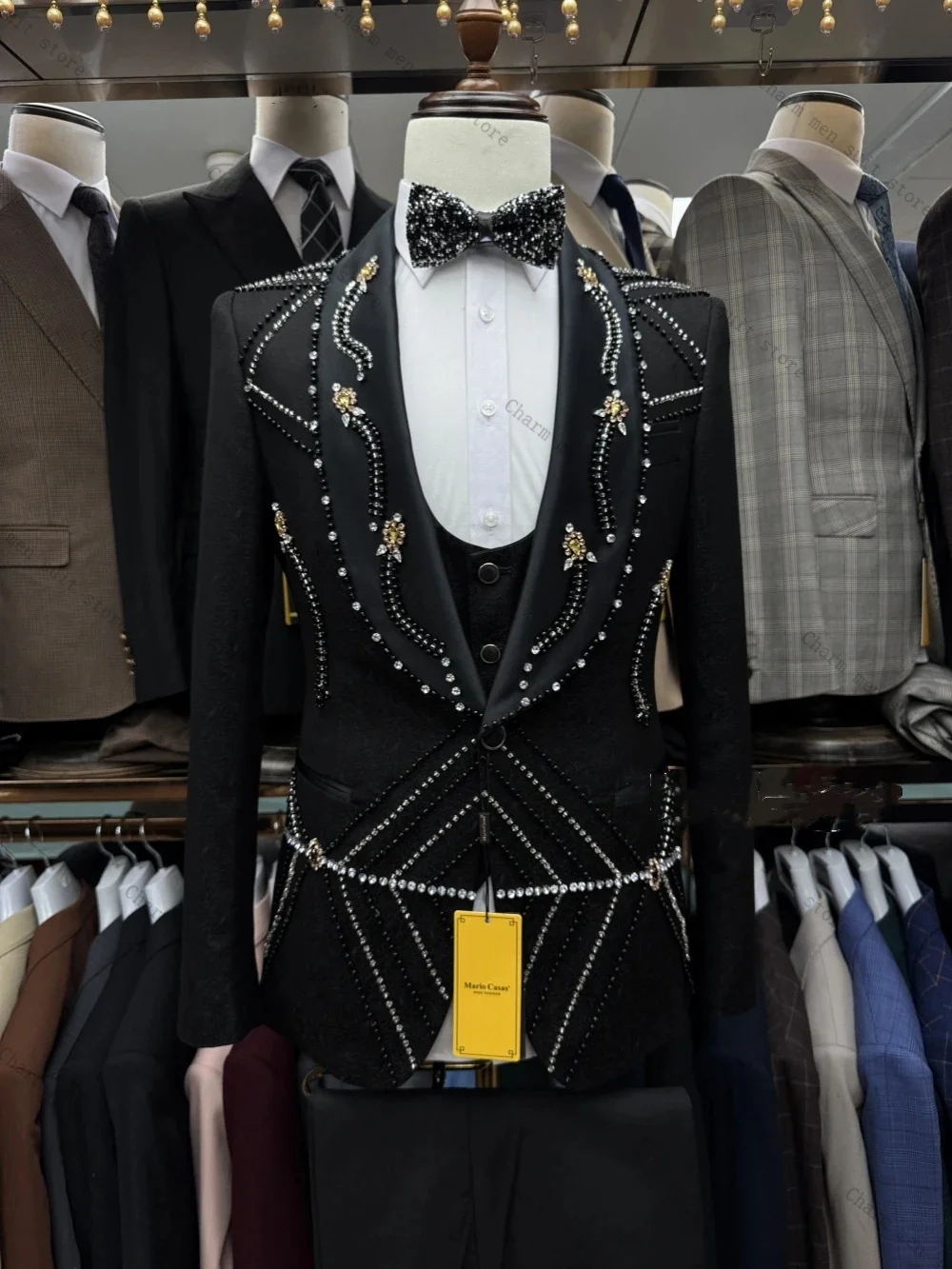 

Jacquard Black Men Suits Set 2 Pcs Blazer+Pant Trousers Crystals Wedding Tuxedo Formal Office Cotton Male Groom Prom Jacket Coat