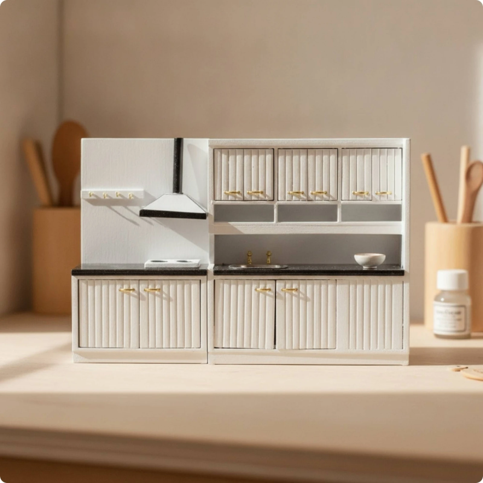 1:12 Scale Corner Kitchen Cabinet Long-Lasting Birch Wood Miniature Kitchen Counter with Sink and Cooktop Collectible Farmhouse