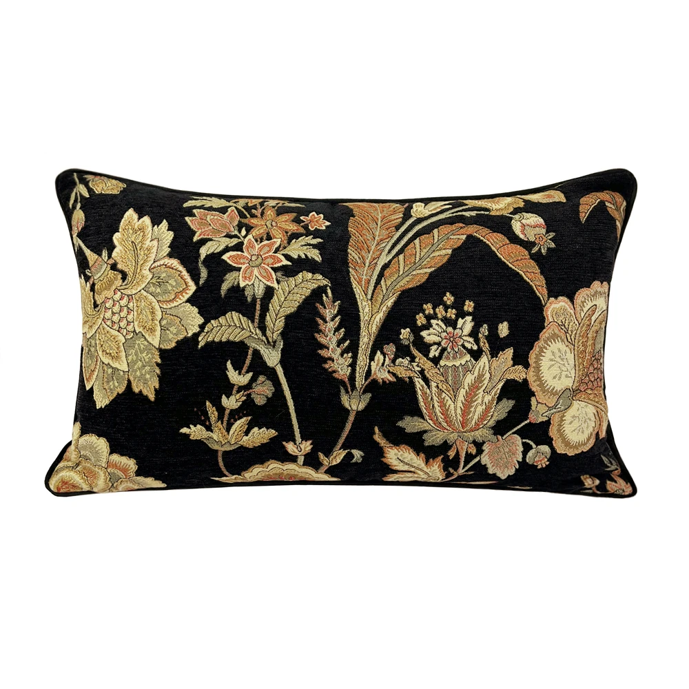 Fashion Black Velvet Floral Waist Pillow Case Vintage  Woven Jacquard Chenille Lumbar Living Cushion Cover Sell by Piece 30x50cm