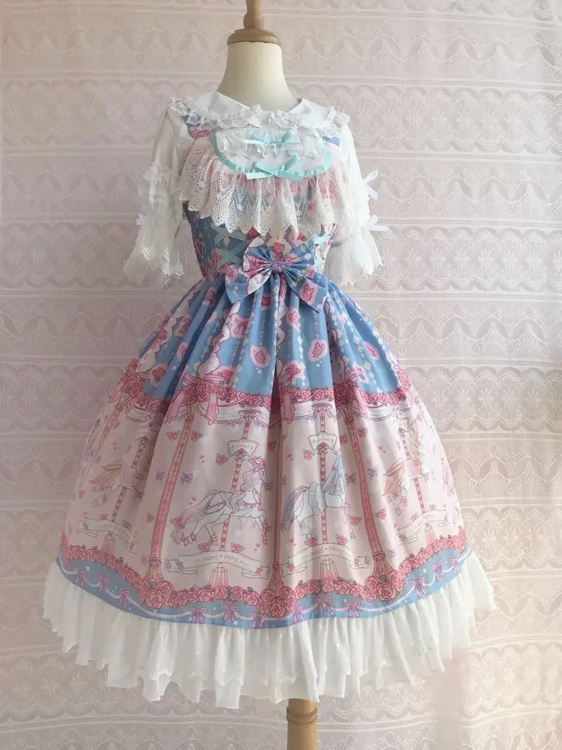 Rose & Karussell Gedruckt Süße Lolita Kleid Ärmel Midi Chiffon Kleid durch Yiliya ~ Pre-auftrag