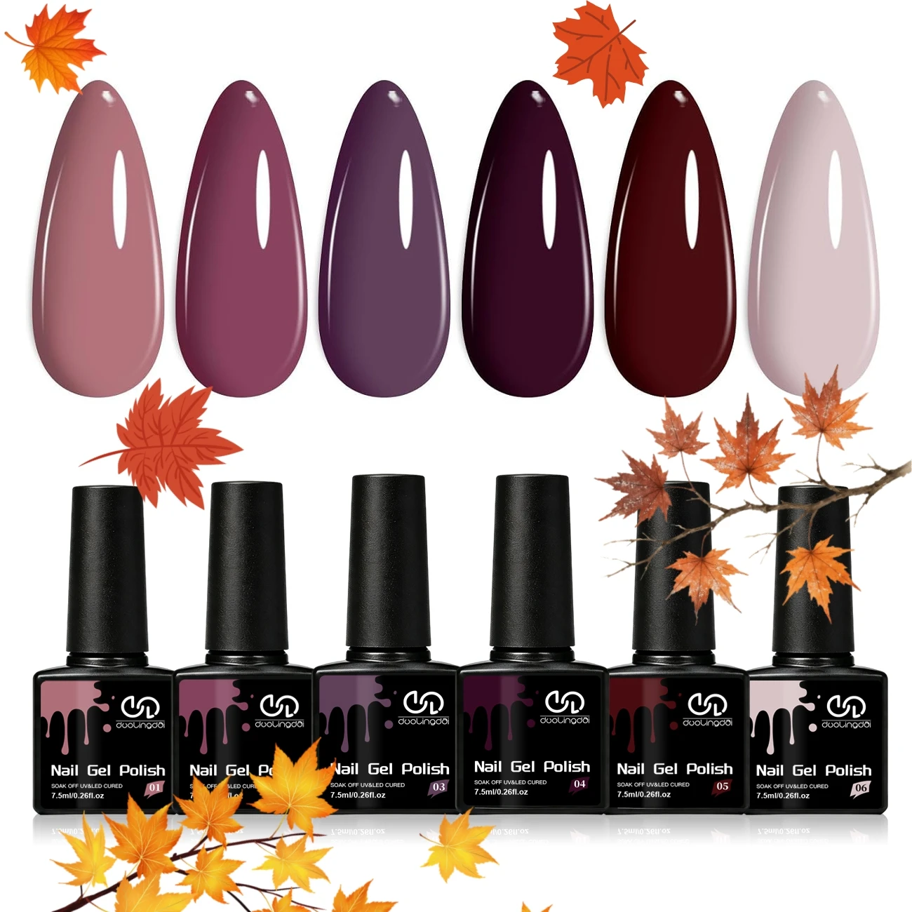 Nail Art Burgundy - 6-teiliges Gel-Nagellack-Set in Herbstfarben: Mauve, Pflaumenrot,