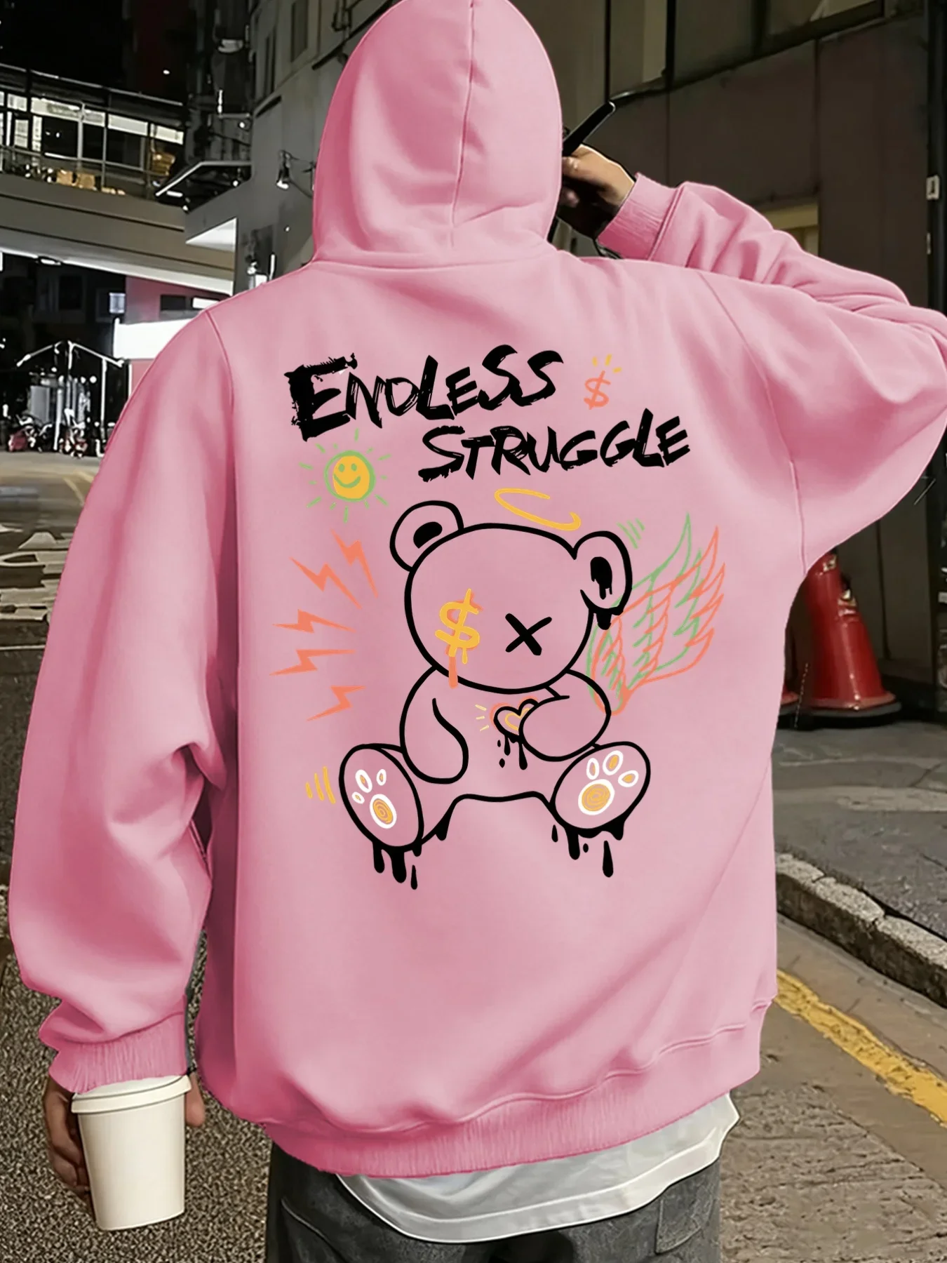 Trendy Casual Loose Endless Struggle Drip Line Bear Graphic Print Back Pullover Hoodie Men Women