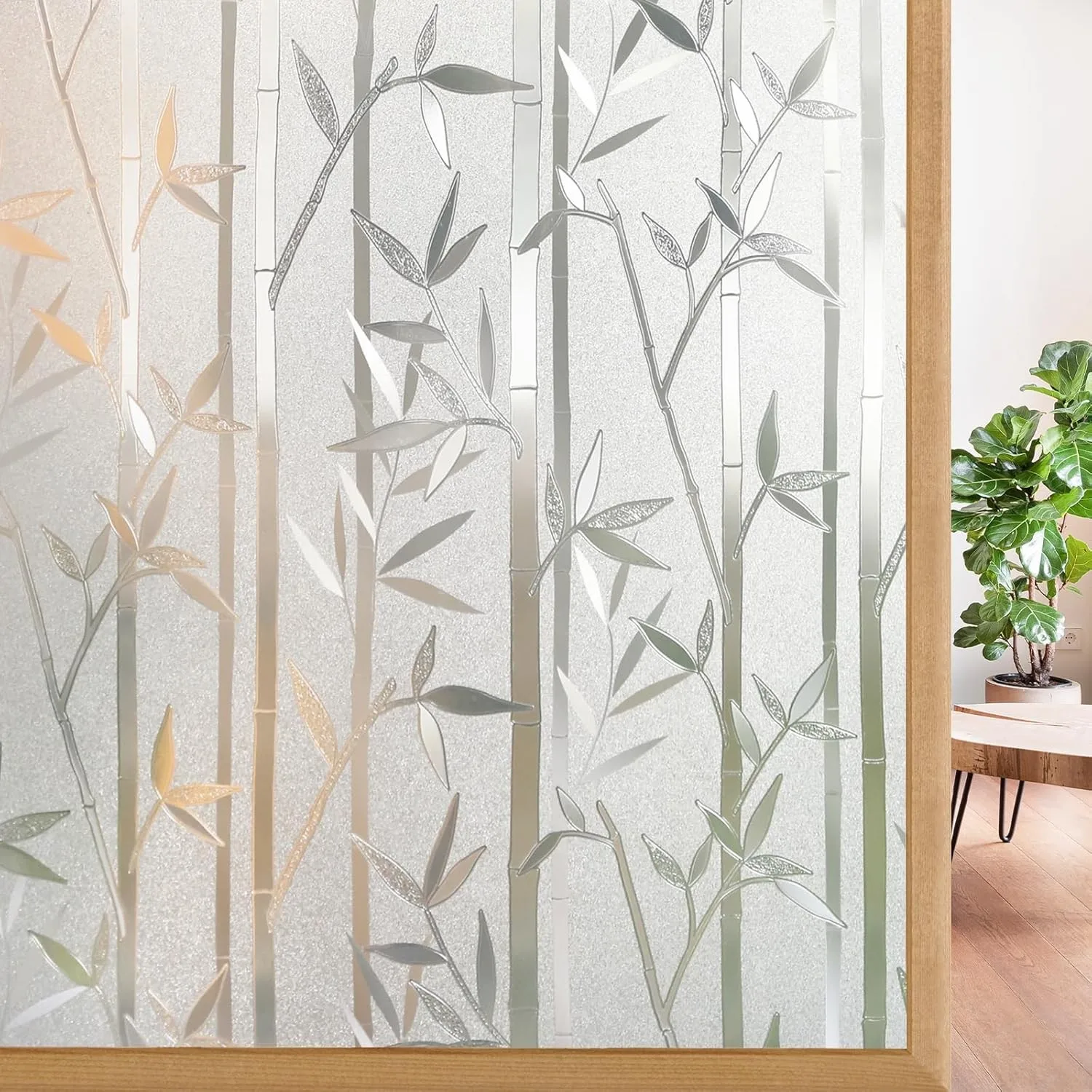 Fenster-Sichtschutzfolie mit mattiertem Bambusmuster, abnehmbare UV-blockierende Buntglas-Aufkleber, dekorative Fensterfolie für Zuhause