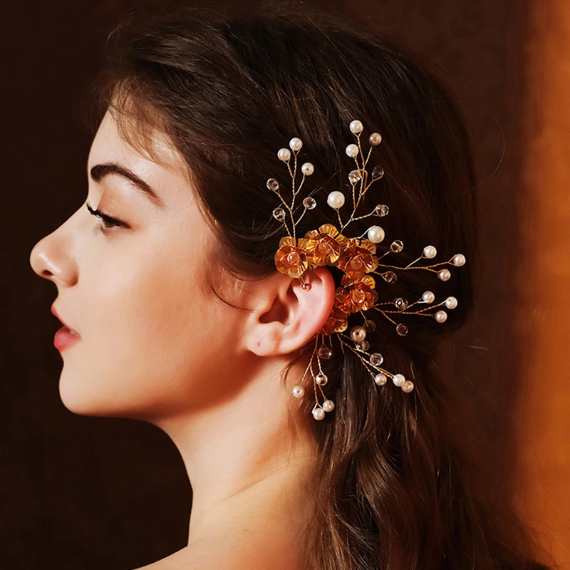 Gold color Alloy Leaf Earrings Flower Ear Clip For Women Baroque Exaggerated Beads Ear Cuff Clip Earrings Wedding Party Jewelry