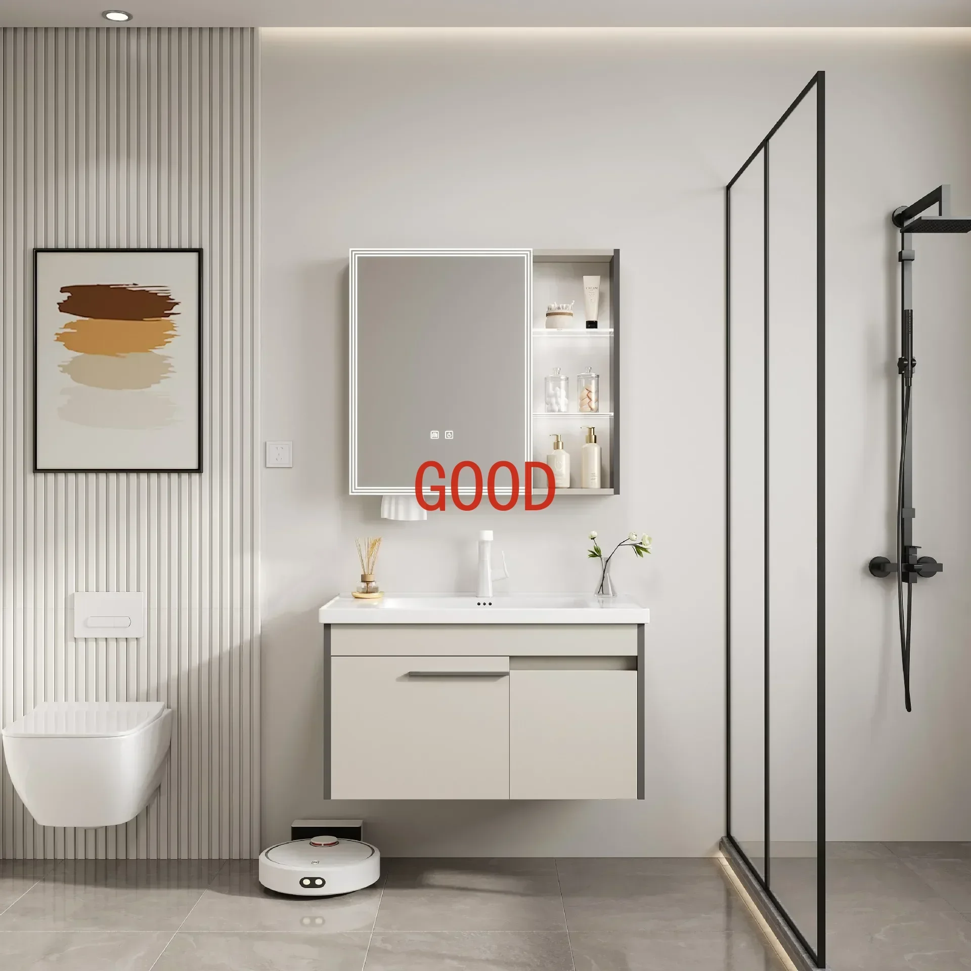 Bathroom Cabinets Modern Bathroom Vanity with Ceramic Sink Combination Smart Mirror Cabinet Lacquered Luxury Bathroom Furniture