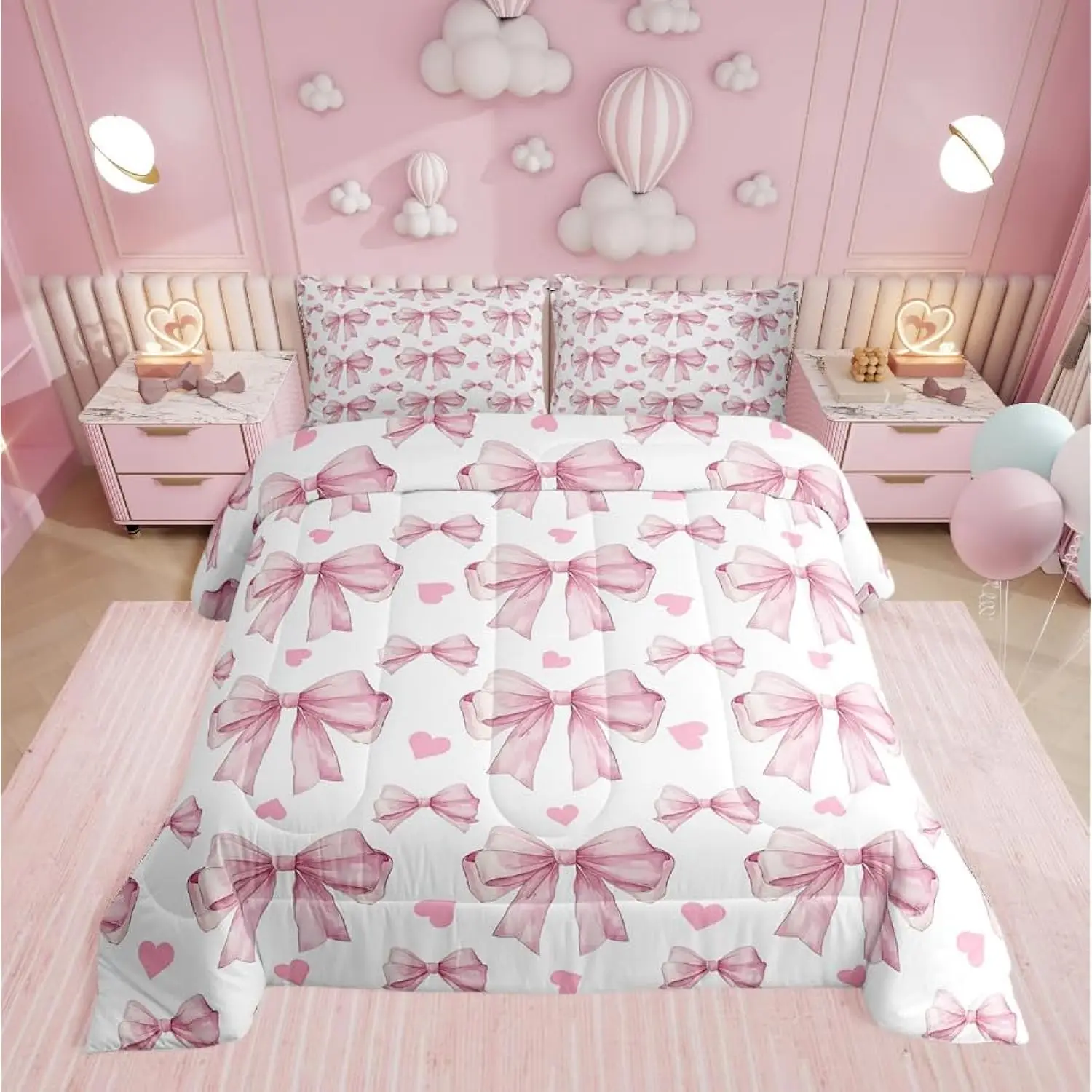 Juego de edredón con lazo rosa completo, juego de cama para niñas estilo princesa de ensueño para adolescentes y adultos, edredón con patrón de corazón de amor romántico