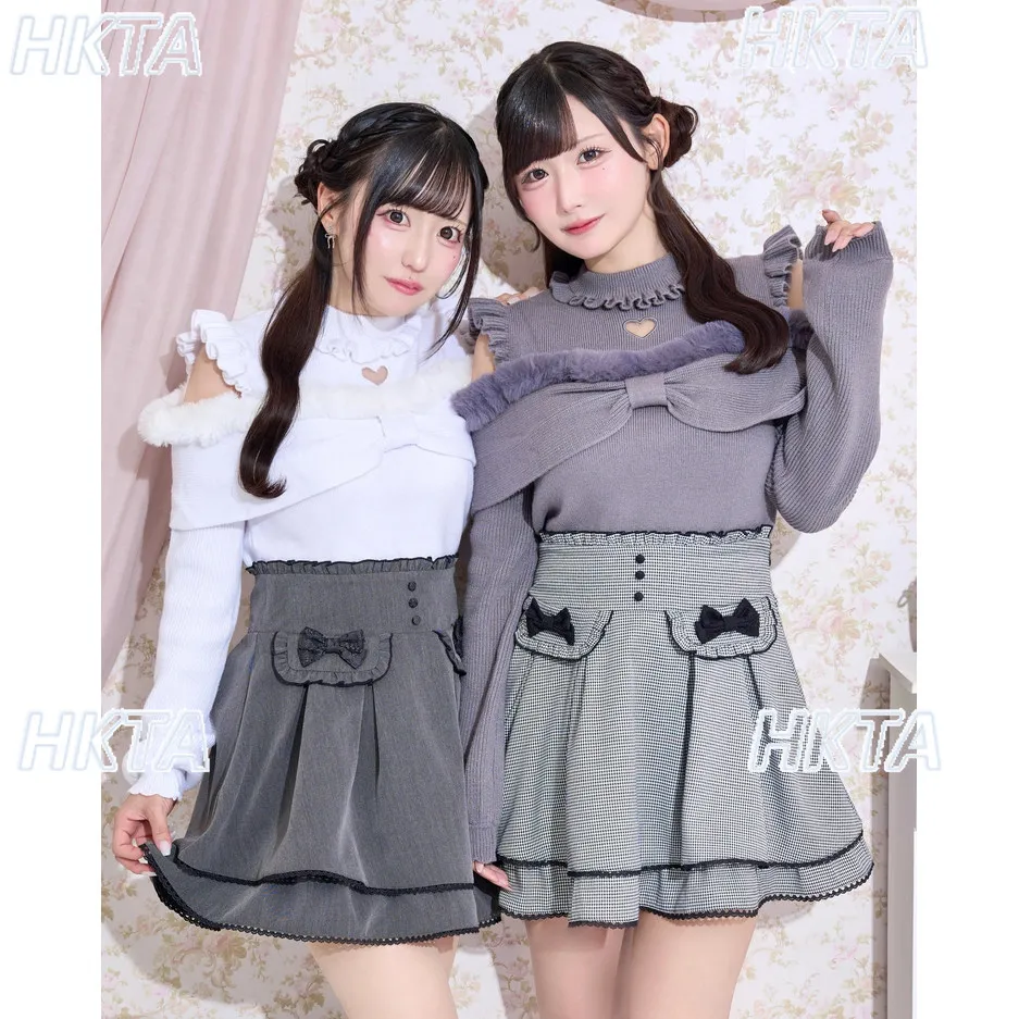 Japanese 2026 Autumn New Sweet Fluffy Cake Skirt Kawaii Cute Plaid Bow High Waist Lace Lotus Leaf Edge Lolita A Line Skirt Women