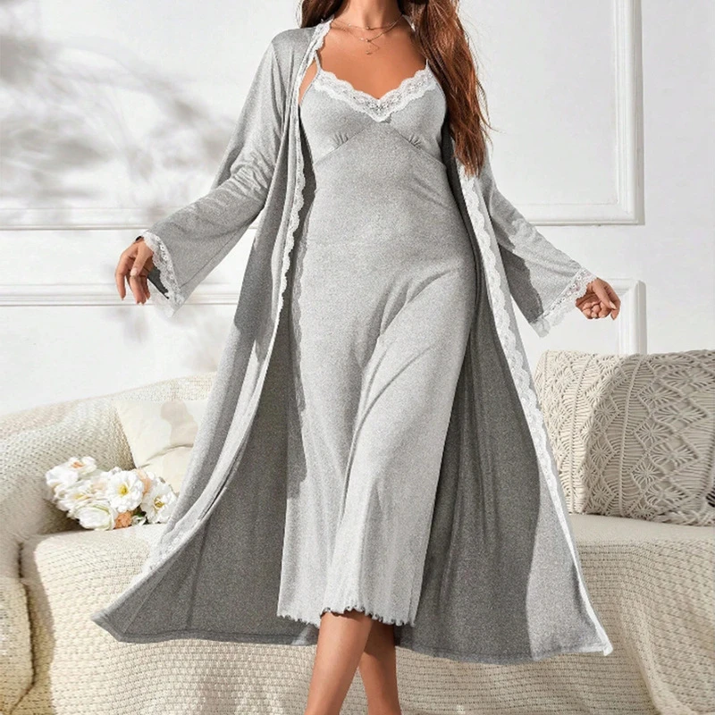 

Женские пижамы, сексуальная пижама, весна-осень, новая одежда для сна, удобные комплекты халатов, длинная домашняя одежда, халат и ночная рубашка, комплект из двух предметов