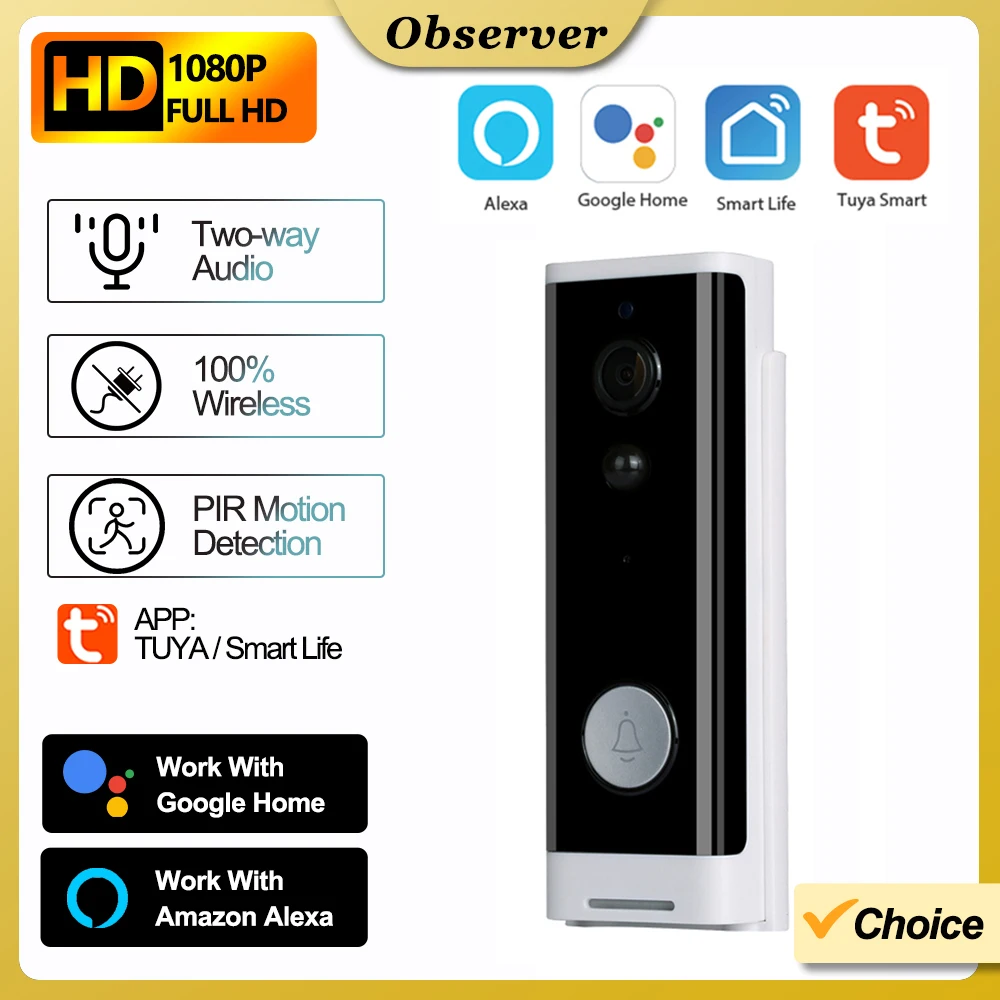 Tuya WiFi Doorbell Home Outdoor 1080P Wireless Doorbell Battery Powered Camera Bell with Alexa Google Doorbell Cam Smart Life