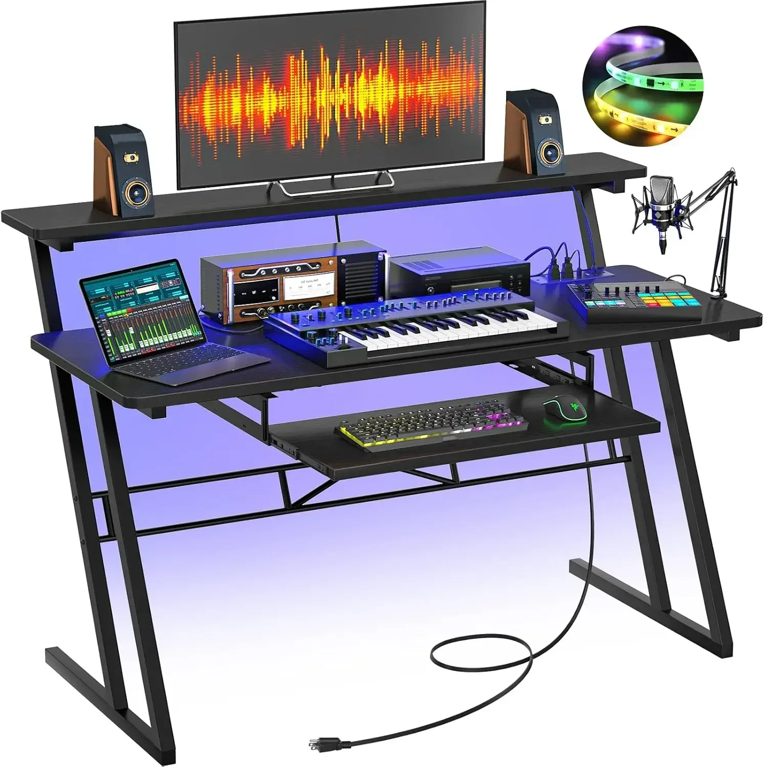 Music Studio Desk, Music Production Workstation with Power Outlets and RGB LED Lights, Recording Studio Table Desks Music Produc