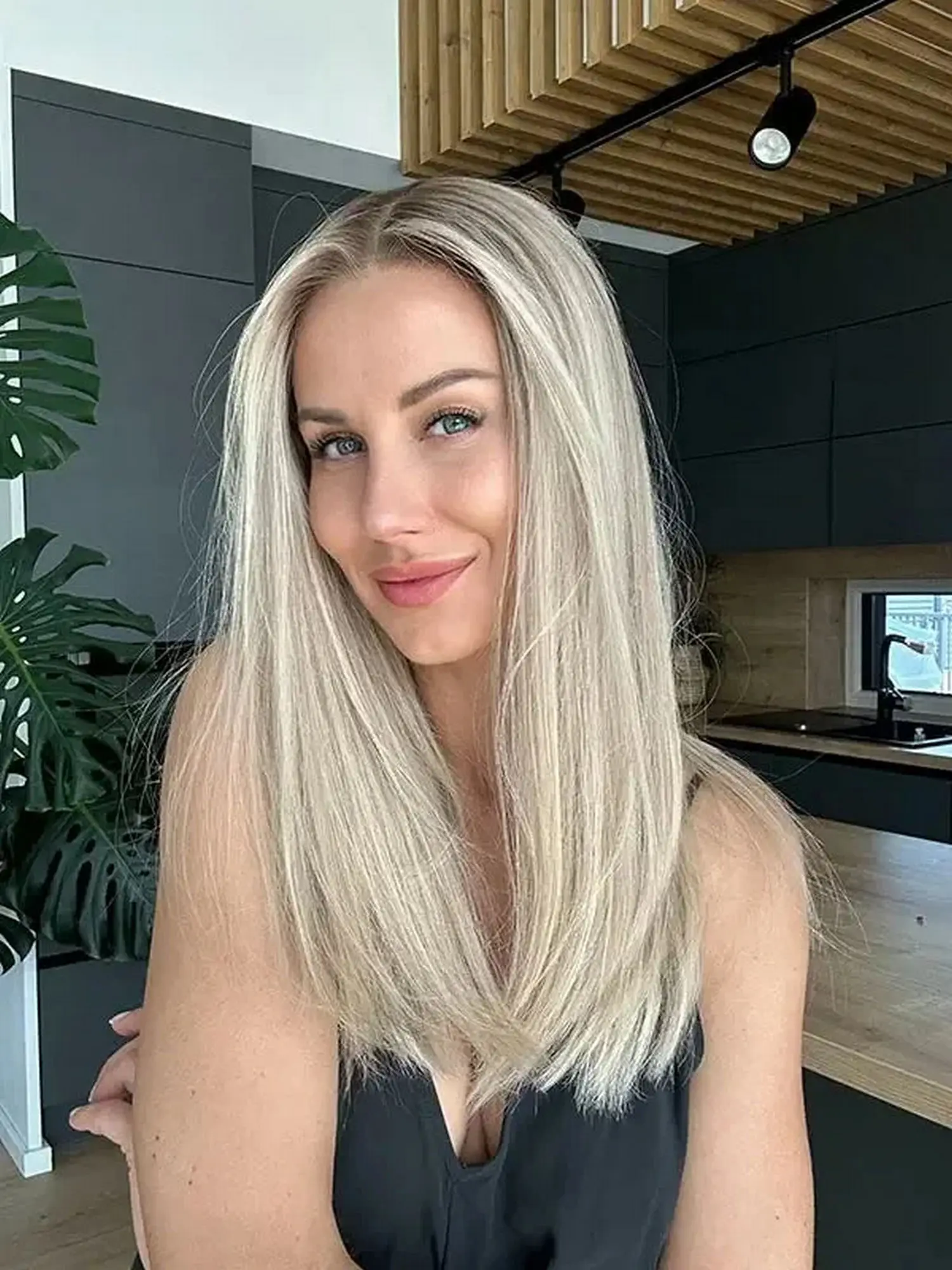 White Platinum Blonde Synthetic Lace Top Wigs With Dark Roots Natural Straight Soft Middle Parting Glueless Women's Wig Daily 18
