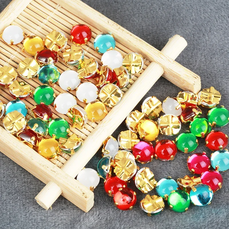 New!Mix Jelly Color Round Sewing Pearl Beads Flat back Gold Base Sew On Rhinestone Pearl For DIY Clothing Wedding Decoration