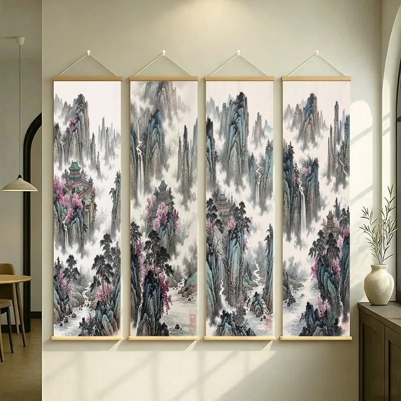 Serene Waterfall Canvas Wall Hanging Ancient Pavilion Landscape for Incense Ceremony Room and Boutique Hotel Lounge Decor