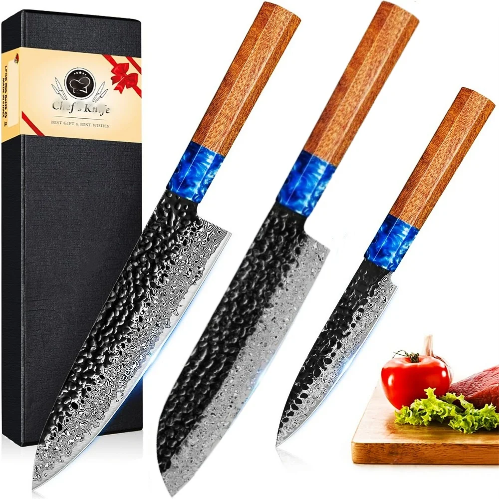 

3-Piece Knife Set Damascus Steel Chef Knife Multi-Purpose Carving Knife Hammer Pattern Sharp Knife Rosewood Handle