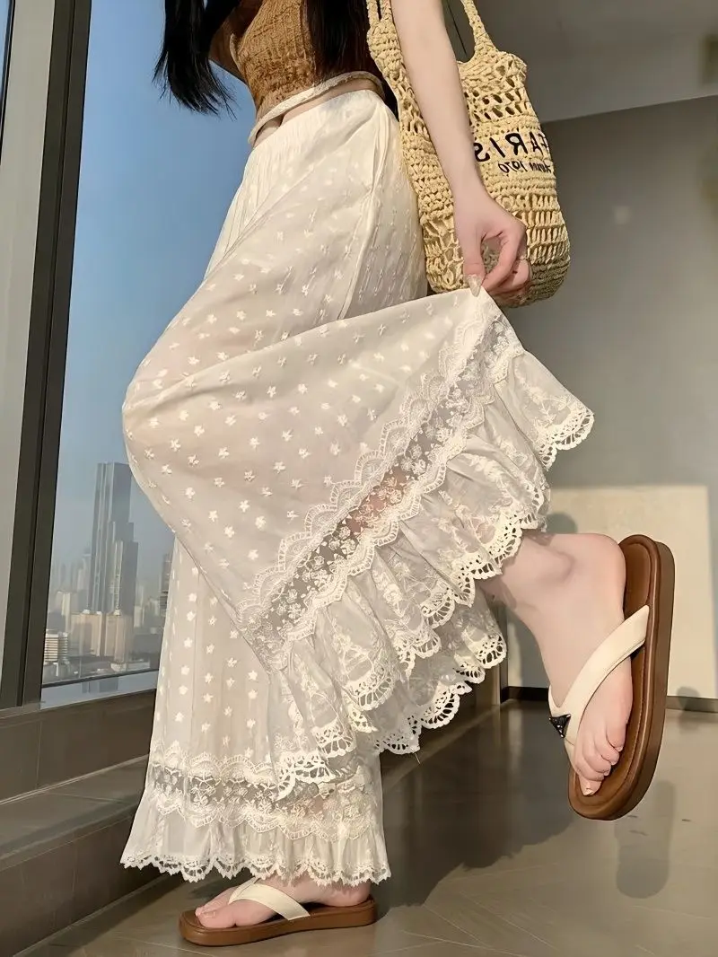 Lace Stitching Embroidered Wide-leg Pants Women's High-waisted Straight-leg Nine-point Pants