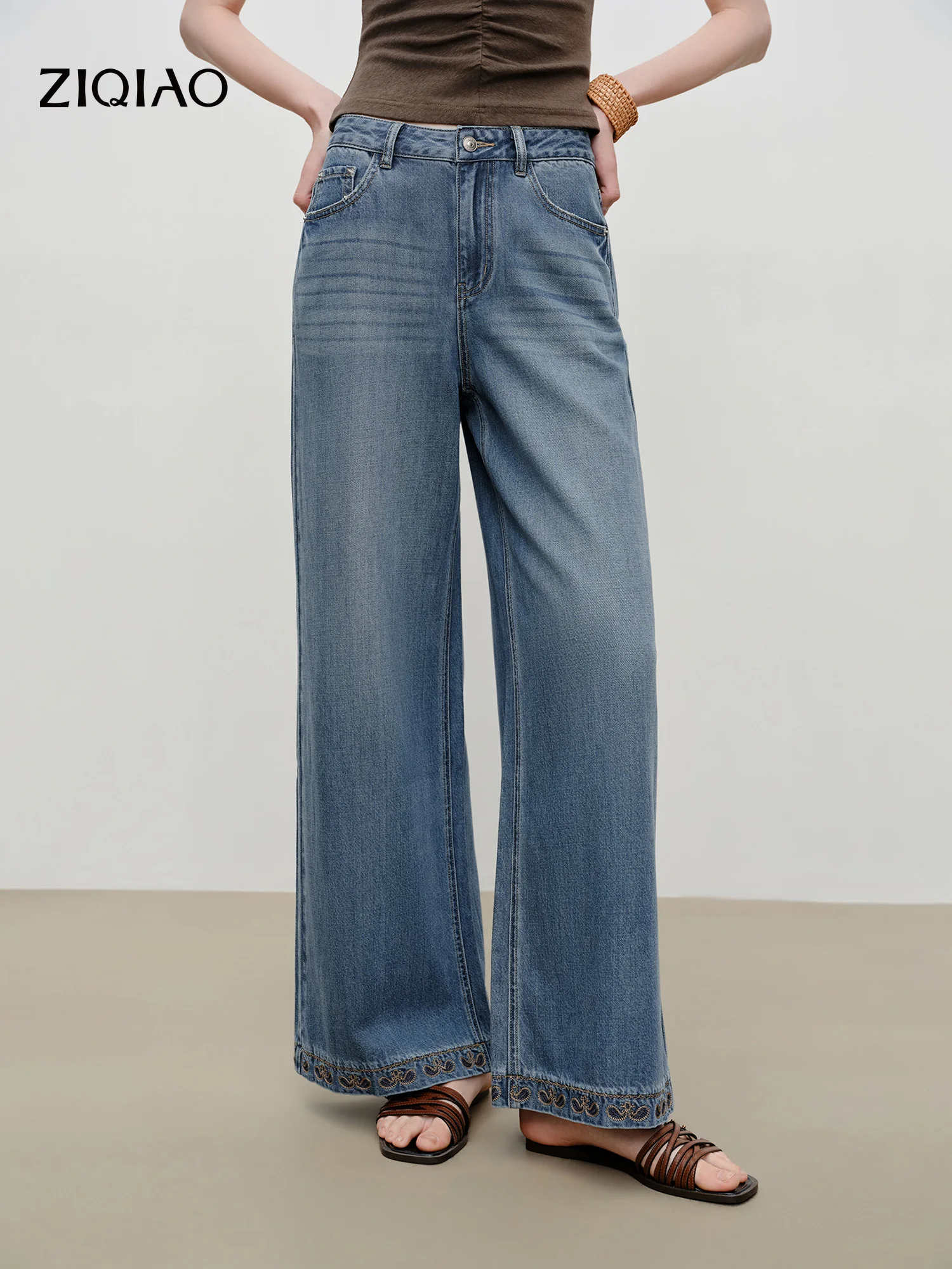 

Женские брюки ZIQIAO в винтажном стиле с цветочным принтом, прямые, широкие штанины | Новинка 2026: Хлопковые повседневные брюки в стиле бохо-шик с эффектом денима