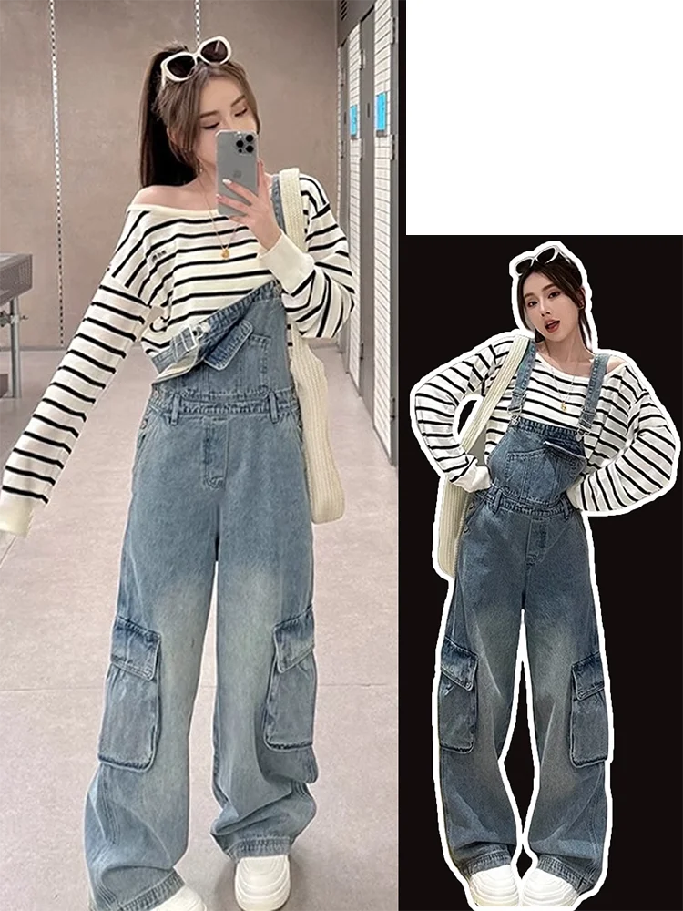 American style retro denim overalls women's autumn new big pocket age reducing loose fashion versatile wide leg pants