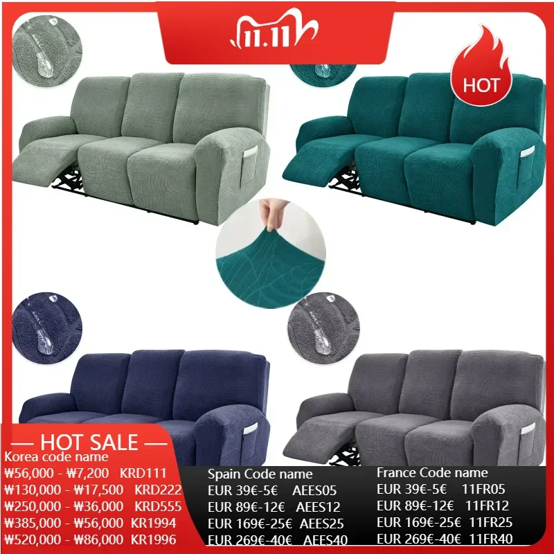 3 Seat Leaves Jacquard Recliner Sofa Cover Relax Lazy Boy Chair Slipcover Armchair Cover with Side Pocket 8Pcs/Set Split Design